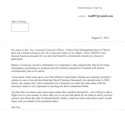 Scam letter August 2016